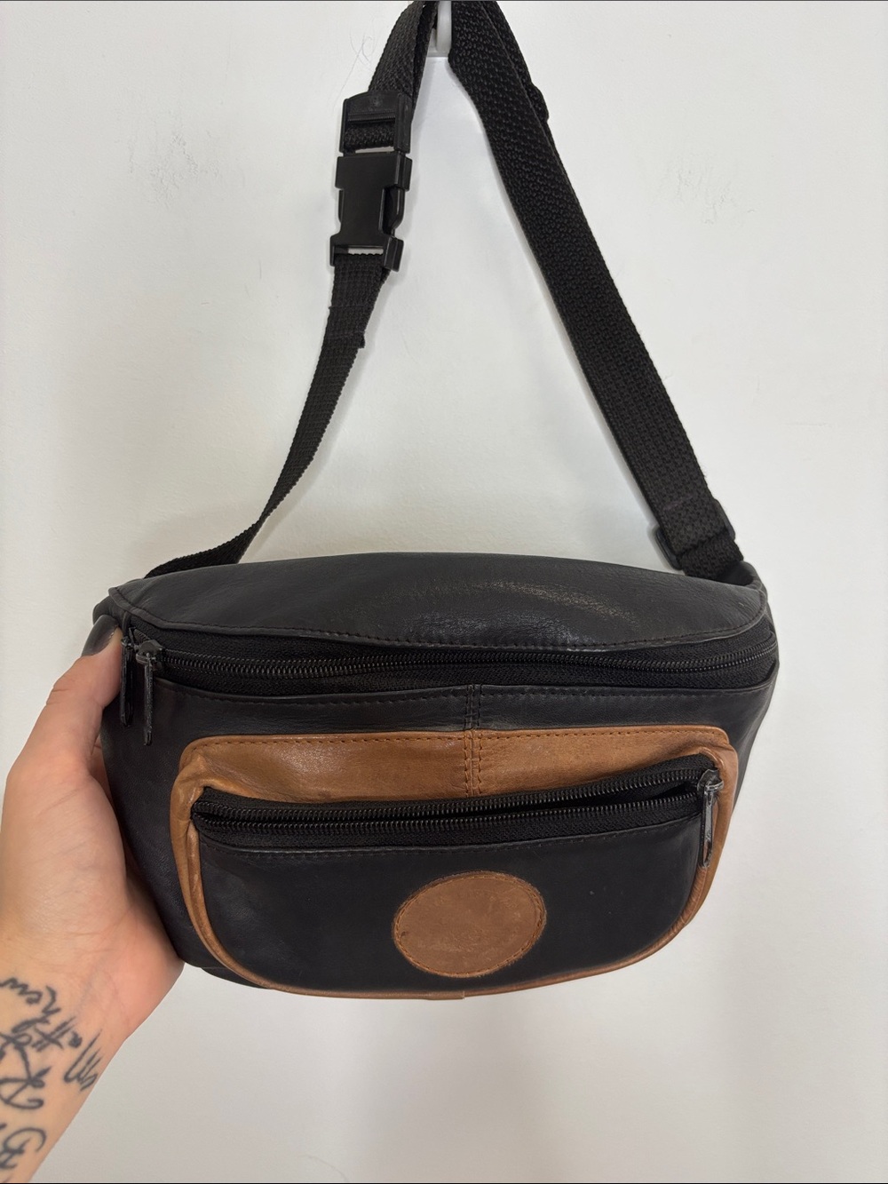 Black and Brown Leather Belt Bag with Front Zip Pocket